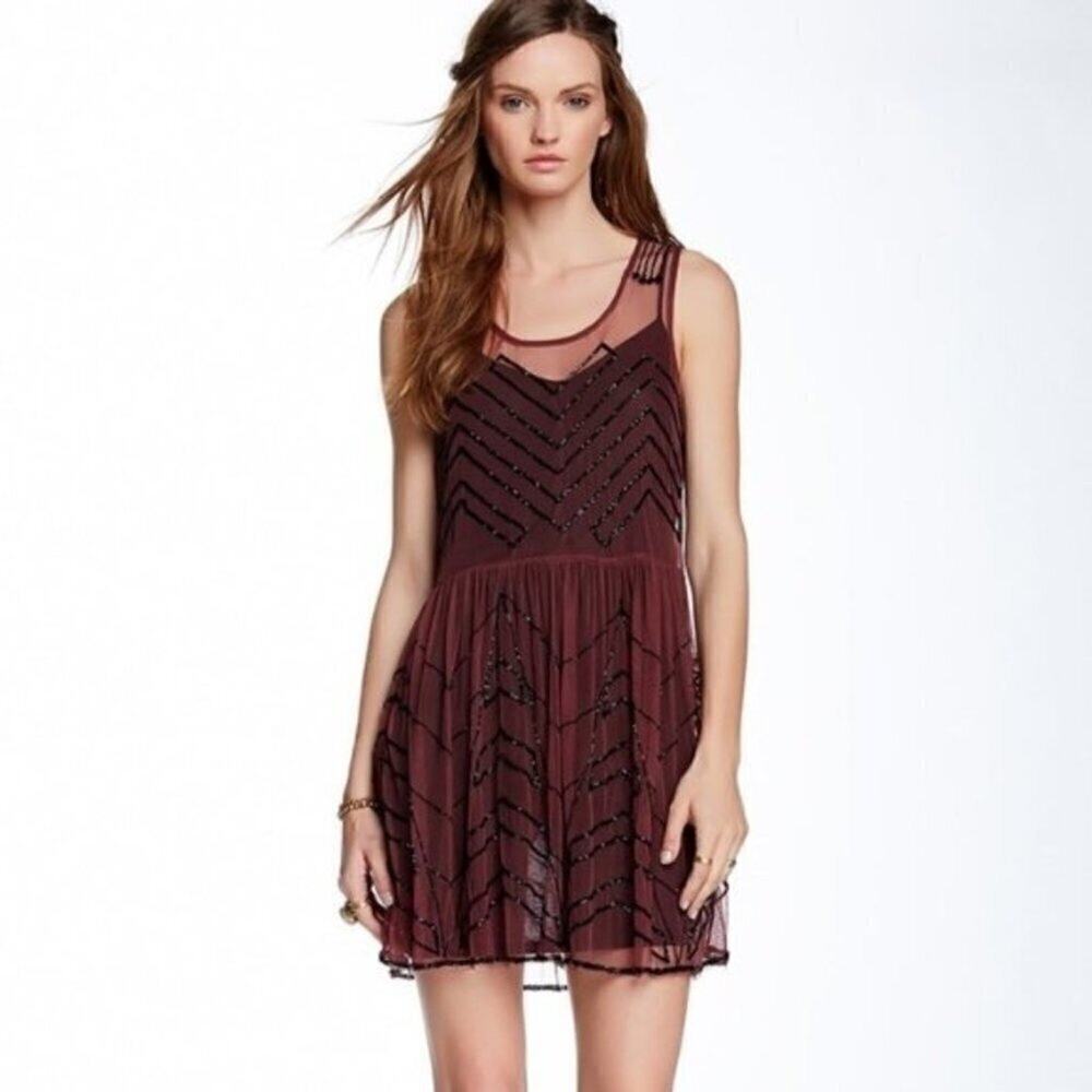 Free people sheer embellished maroon mini dress S